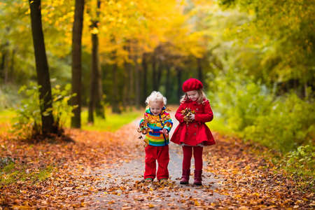 Happy children playing in beautiful autumn park on warm sunny fall day. Kids play with golden maple leaves.の写真素材