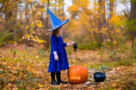Little girl in witch costume playing in autumn park. Child having fun at Halloween trick or treat....