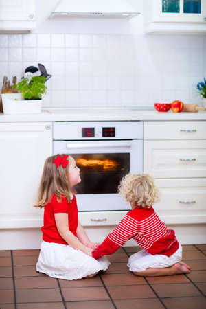 Little boy and girl, brother and sister baking delicious apple pie in white kitchen. Kids looking at fruit cake in the oven. Children bake at home. Toddler child and preschooler waiting for pastry.の写真素材