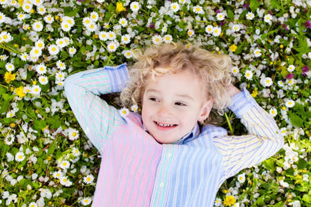 Child on green grass lawn with daisy and dandelion flowers on sunny summer day. Kid playing in garden. Little boy dreaming and relaxing. Kids on Easter egg hunt in spring park. Children gardening.の写真素材