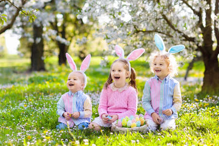 Kids with bunny ears on Easter egg hunt in blooming cherry blossom garden. Little boy and girl with spring flowers and eggs basket in fruit orchard. Children search for colorful eggs, candy and sweetsの写真素材
