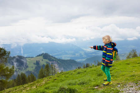 Little boy on hike trail in blooming alpine meadow. Outdoor fun and healthy activity.の写真素材