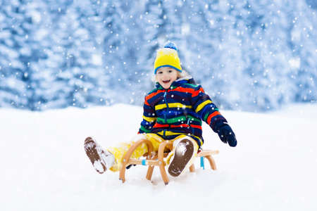 Little boy enjoying a sleigh ride. Child sledding. Toddler kid riding a sledge. Children play...
