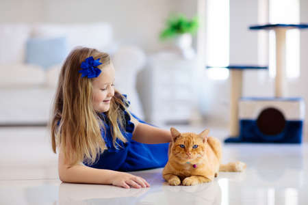 Child playing with cat at home. Kids and pets. Little girl feeding and petting cute ginger color cat. Cats tree and scratcher in living room interior. Children play and feed kitten. Home animals.の写真素材