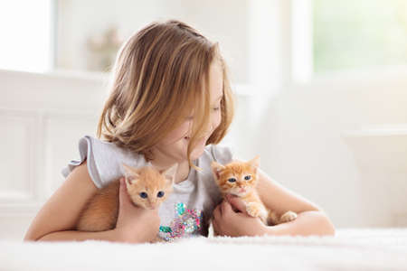 Child holding baby cat. Kids and pets. Little girl hugging cute little kitten at home. Domestic animal in family with kids. Children with pet animals.の写真素材