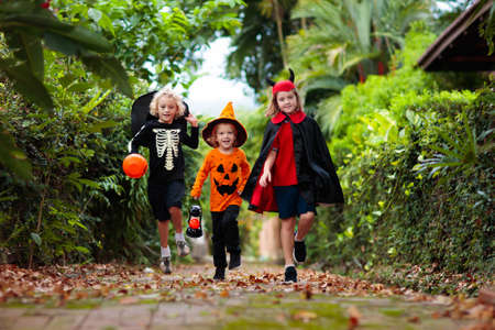 Child in Halloween costume. Kids trick or treat on suburban street. Little boy and girl with pumpkin lantern and candy bucket. Baby in witch hat. Autumn season holiday fun.  Friends play outdoor.の写真素材