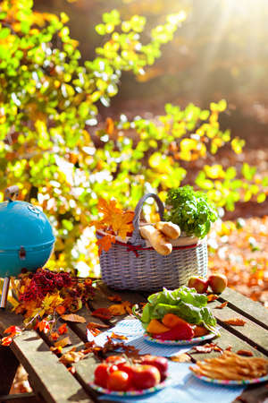 Picnic in autumn park. Family fall outdoor barbeque grill party. Grilling meat and vegetables. Basket with bread and fruit for BBQ lunchの写真素材