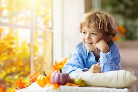 Child looking out of the window. Autumn cozy family home decoration. Kids at home in fall watching golden leaves in sunny garden. Little boy with pumpkin on Thanksgiving day or Halloween.の写真素材