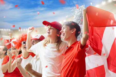 Denmark football supporter on stadium. Danish fans on soccer pitch watching team play. Group of supporters with flag and national jersey cheering for Denmark. championship game.の写真素材
