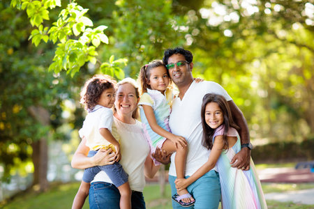 Family walking in summer park. Parents and kids outdoor. Mother, father and children play, laugh, enjoy picnic in sunny garden. Beautiful young interracial couple with son and daughter.の写真素材