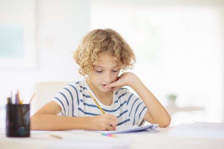 Online remote learning. School kids with computer having video conference chat with teacher and...
