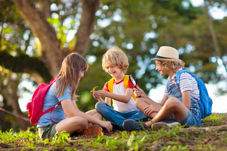 Kids explore nature. Children hike in sunny summer park. Scout club and science outdoor class. Boy and girl watch plants through magnifying glass. Kid exploring environment. Young explorer adventure.の写真素材