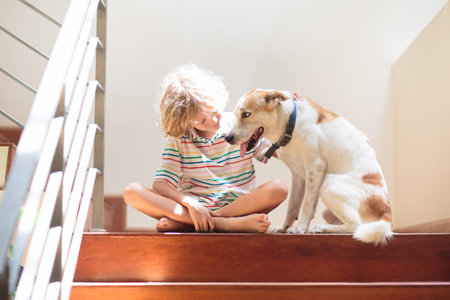Little boy and dog on stairs. Sunny staircase in new family home. Child and puppy climbing stairs....