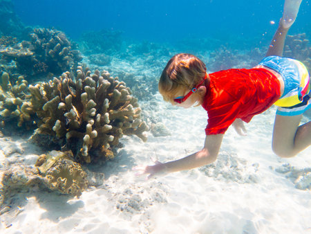 Child snorkeling. Kids swim underwater. Beach and sea summer vacation with children. Little girl watching coral reef fish. Marine life on exotic island. Kid swimming and diving with snorkel and mask.の写真素材