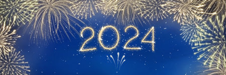 2024 Happy new year party. Fireworks in night sky on new year eve. Celebration of winter holiday....