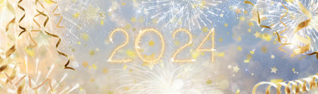 2024 Happy new year party. Fireworks in night sky on new year eve. Celebration of winter holiday....