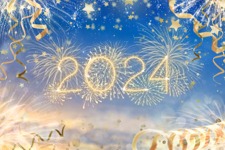 2024 Happy new year party. Fireworks in night sky on new year eve. Celebration of winter holiday. Festive sparkler fun. Glitter and magic firework. Sparkling numbers on sunset sky.の写真素材