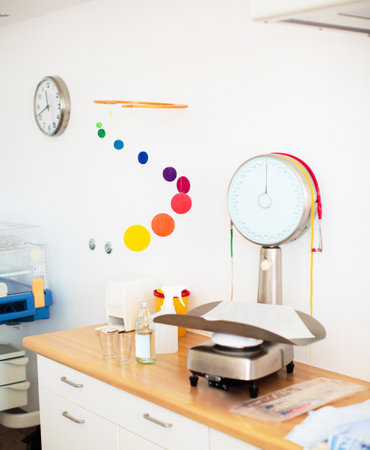 Labor and delivery room in hospital. Doula tools. Wooden mobile chart showing cervix opening and dilation stages. Weights scale for newborn baby examination after birth.の写真素材