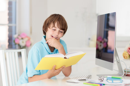 Back to school. Kids at computer doing homework. Children listen to teacher or tutor. Online study...