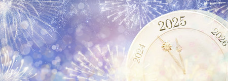 2025 Happy new year. Clock showing years on New Year eve. Countdown to midnight. Fireworks in night sky. Abstract bokeh lights and sparkles. Celebration of winter holiday. Glitter and magic.の写真素材