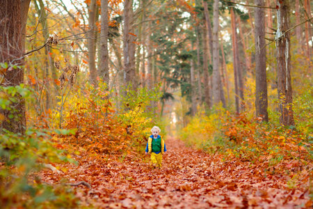 Happy children playing in beautiful autumn park on warm sunny fall day. Kids play with golden maple leaves.の写真素材