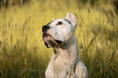 American Staffordshire Terrier sitting in tall grass, close-up portrait