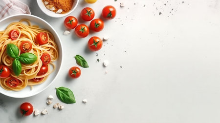 Spaghetti pasta with cherry tomatoes, basil and parmesan cheese in a white bowl over white marble background. Top view, copy spaceの写真素材