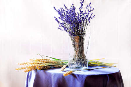 interior decoration with cereals and  lavender in a vaseの写真素材