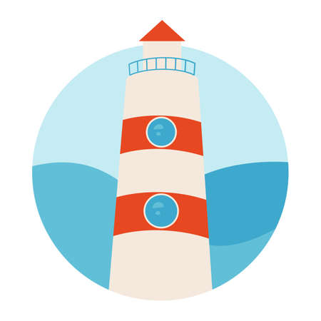 Summer poster with lighthouse and ocean waves in a flat style. For t-shirt prints, posters and other uses.のイラスト素材