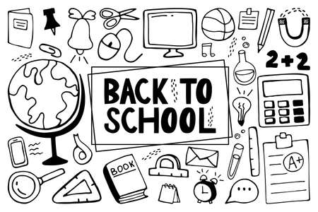 Hand-drawn set of school icons decoration background pattern vector illustration.のイラスト素材