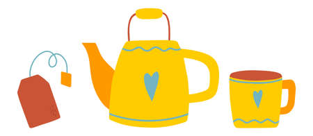 Hand drawn illustration of fashion tea bag, teapot and cup. isolated element on white backgroundのイラスト素材