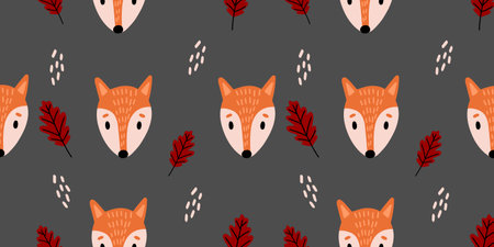 Autumn pattern with colorful seasonal leaves and fox.のイラスト素材