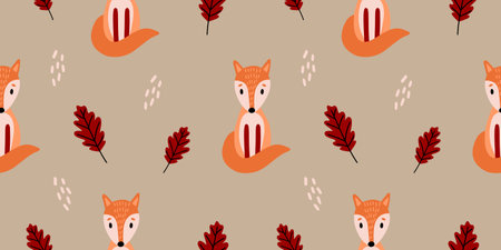 Autumn pattern with colorful seasonal leaves and fox.のイラスト素材