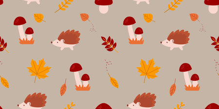 Autumn pattern with colorful seasonal leaves, mushrooms and hedgehog.のイラスト素材
