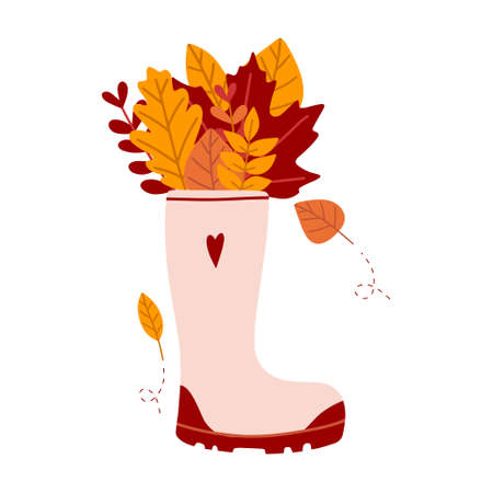 autumn boots. Hand drawn illustration of fashion boot, bouquet of autumn leaves. Isolated elements on white backgroundのイラスト素材
