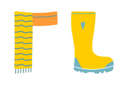 Hand drawn illustration of fashion scarf and boot. Isolated element on white background. Autumn scarf and boot.のイラスト素材
