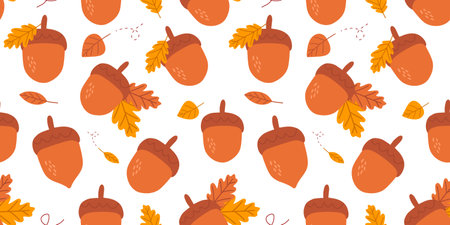 Autumn pattern with colorful seasonal leaves and acorns on white backgroundのイラスト素材
