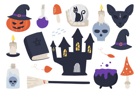 Halloween illustrations : pumpkin, ghosts, haunted castle, potion, pot, garland, candy, witch hat, happy halloween inscription. Vector set, white background, isolated.のイラスト素材