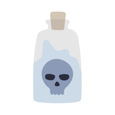 A large jar of potion, purple liquid, and a human skull. Glass bottle with cork. Vector illustration in flat style is ideal for animation or design of a mobile application for Hallのイラスト素材