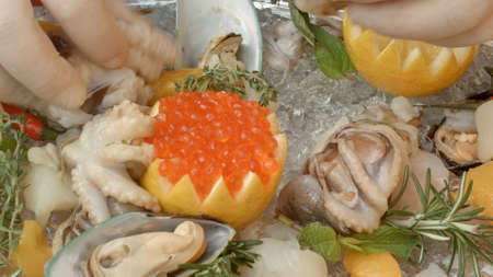 Fresh seafood on the plate with ice is ready to be cooked by chefの写真素材