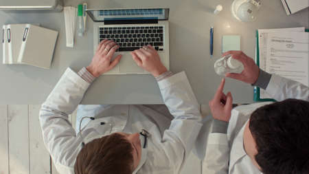 Top view of Presenting brand new medicines in hospitalの写真素材