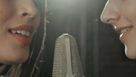 Two beautiful girl sings into a microphone in cafe