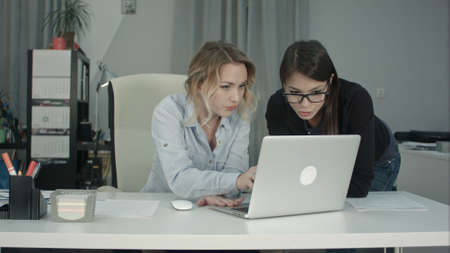 Two cheerful smiling young business women working on laptopの写真素材