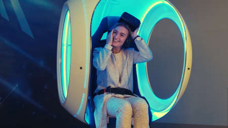 Young female sharing her emotions after virtual reality experienceの写真素材