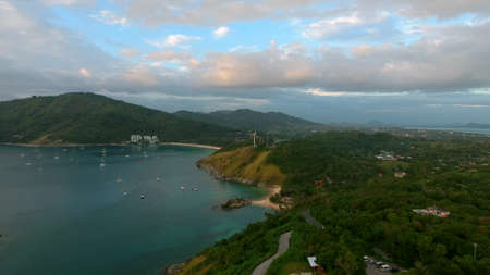 Aerial view of wind power generators near the sea in Phuketの写真素材