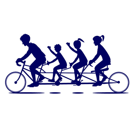 Vector illustration of family enjoying tandem bicycle ride silhouette. Family teamwork on a multiple seat bike. Lifestyle vector flat designのイラスト素材