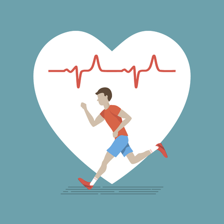 Template with running man and icon heartbeat. Healthcare, fitness, training concept. illustration lifestyle and sport.のイラスト素材