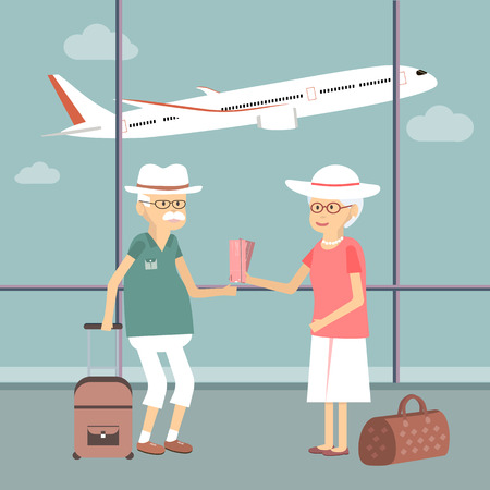 Senior couple with bags at airport. Vector concept illustration of older travelers and tourismのイラスト素材
