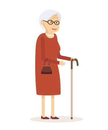Old woman with cane. Senior lady with glasses walking. Vector illustration. Flat style design. An elderly woman with a handbag and a cane to walk.のイラスト素材