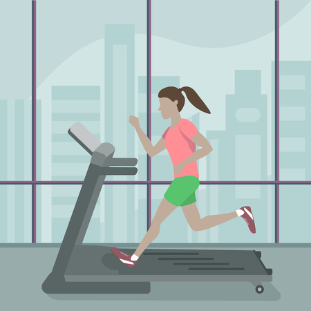Woman running on a treadmill at the gym. Vector flat design illustration. Sports, exercisesのイラスト素材